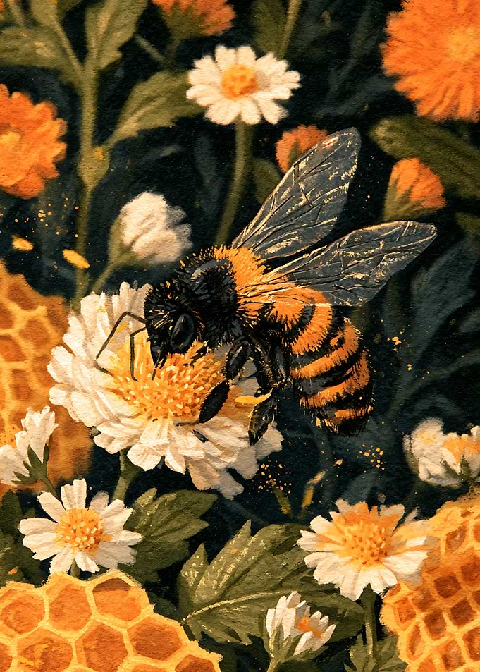 Bumblebee Pollinating Flowers and Honeycomb