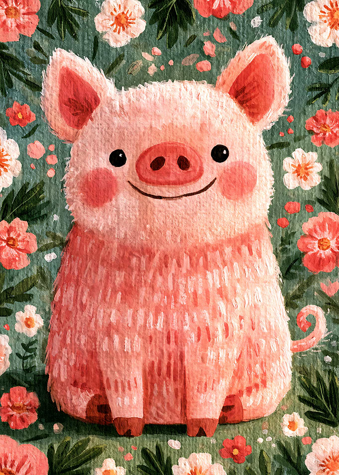 Cute Pink Piglet in Floral Garden