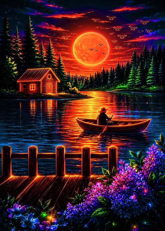 Neon Sunset Lake Cabin Scene