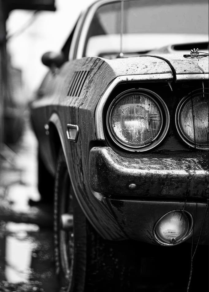 Gritty Black and White Muscle Car