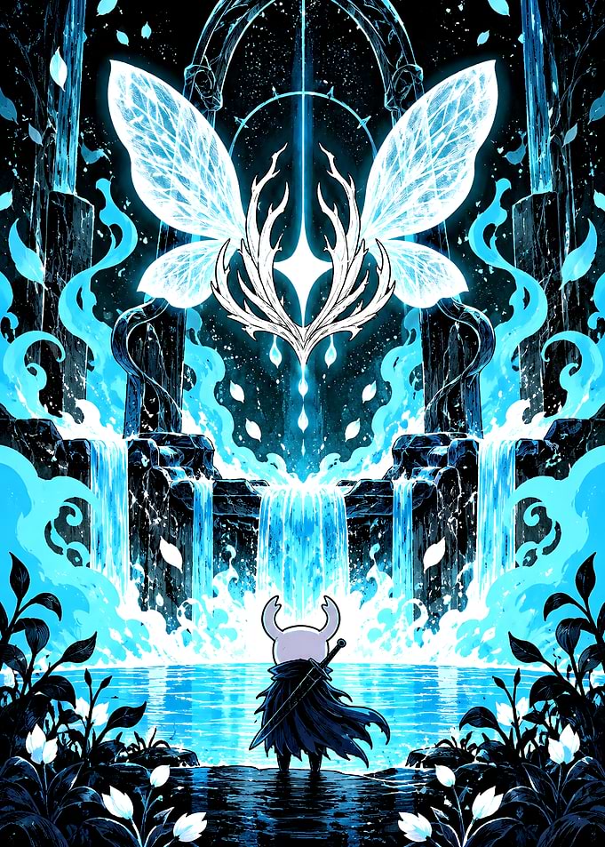 Hollow Knight Blue Waterfall Scene