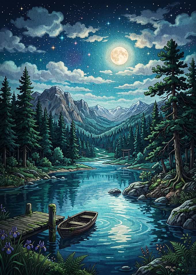 Moonlit Forest River Fantasy Art