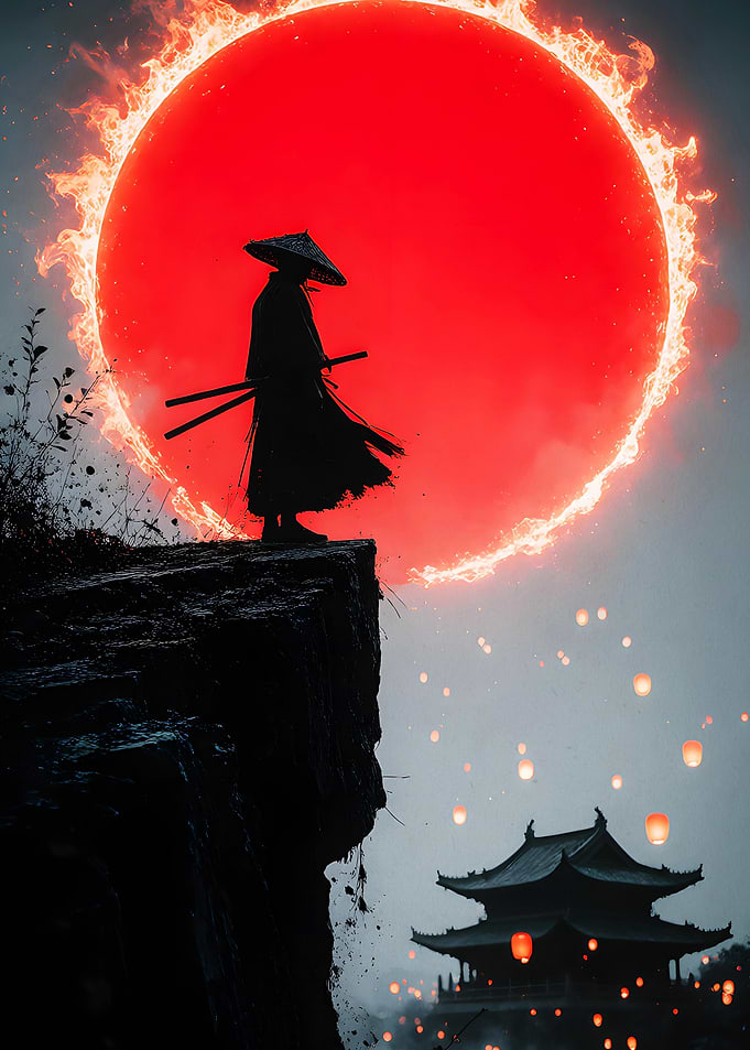 Samurai Red Sun Dark Art Poster