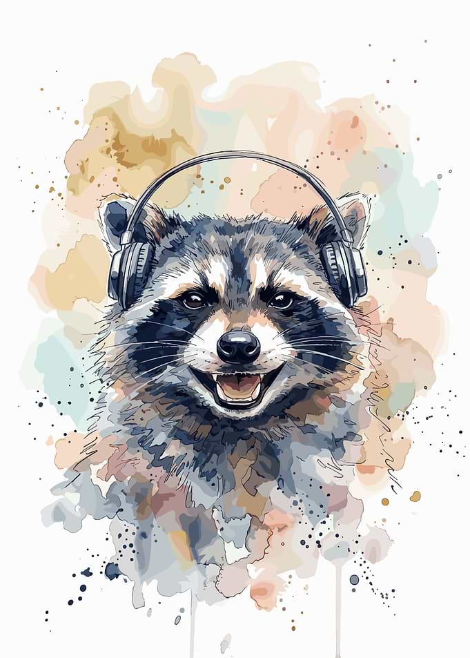 Watercolor Raccoon Wearing Headphones
