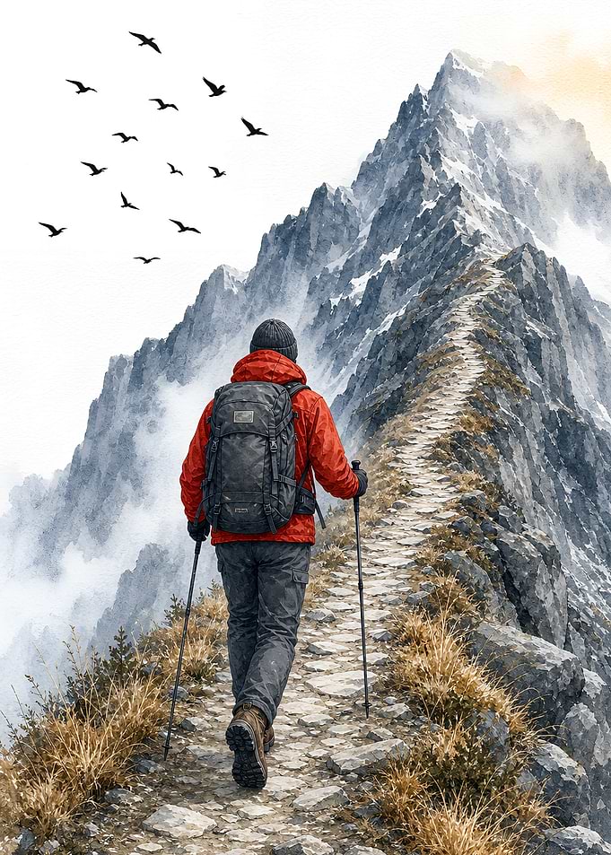 Hiker on a Mountain Ridge Path