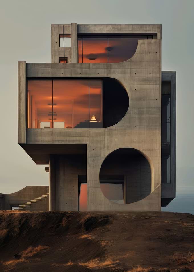 Brutalist Concrete House at Sunset