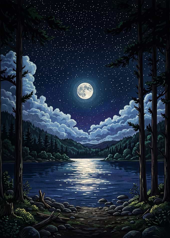 Moonlit Night Lake Nature Poster