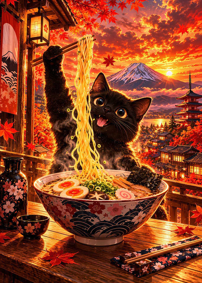 Black Cat Eating Ramen at Sunset