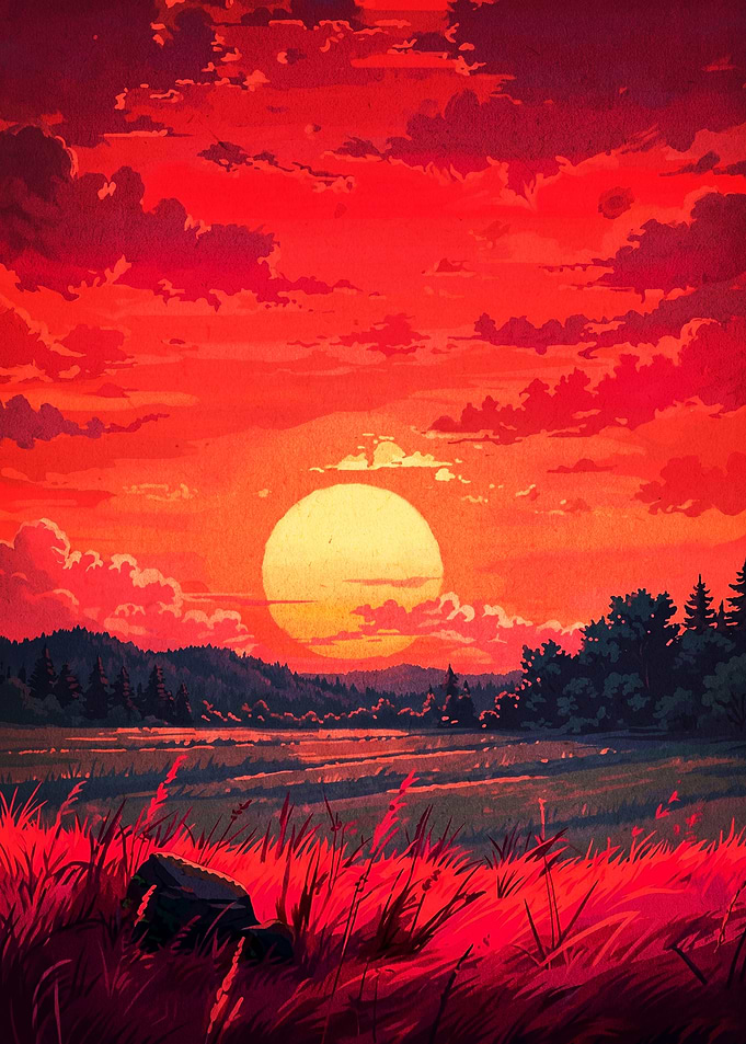 Red Sunset Landscape Anime Poster