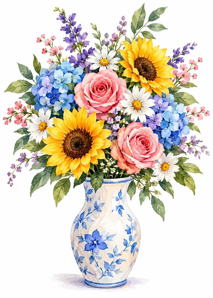 Watercolor Bouquet in Blue Floral Vase