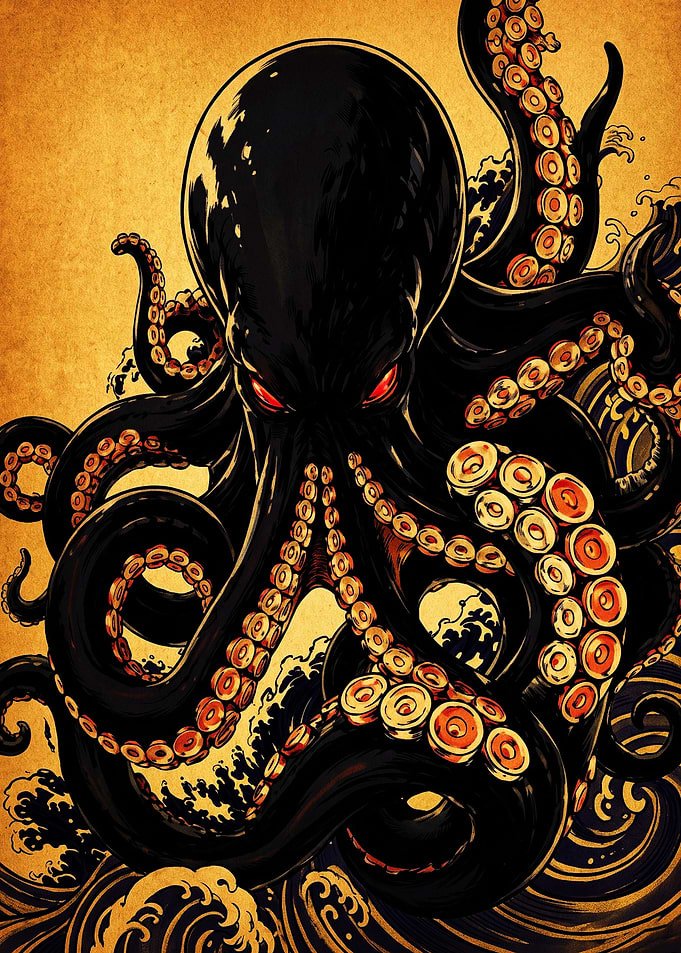 Menacing Kraken in Golden Sea