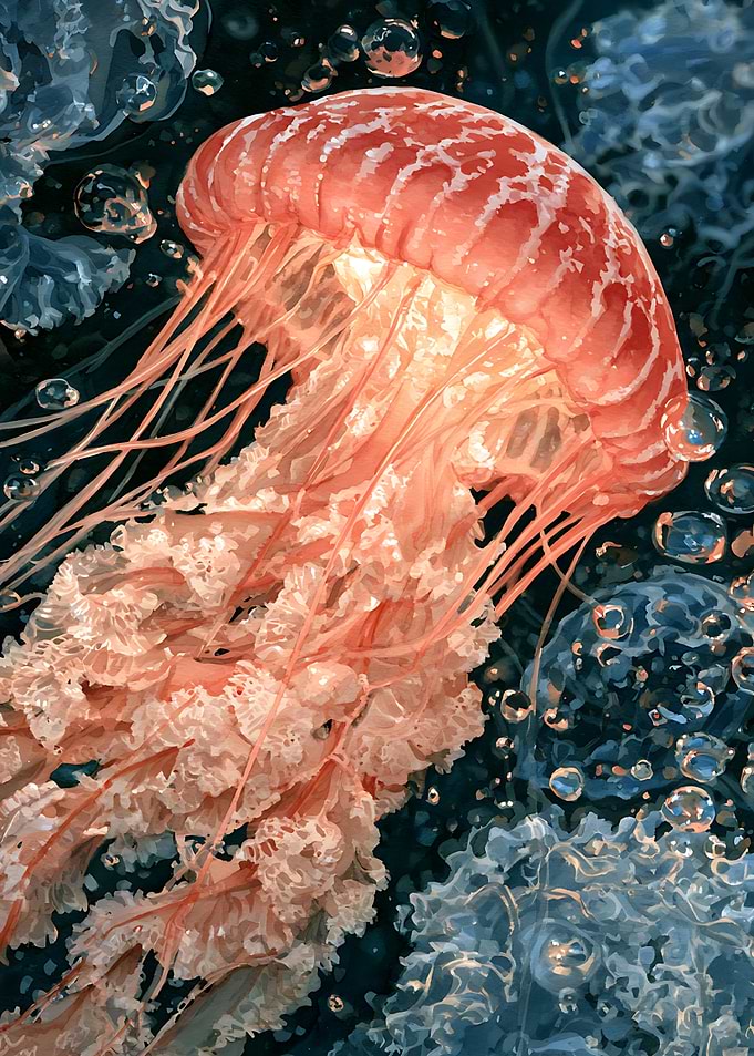 Glowing Pink Jellyfish in Deep Water
