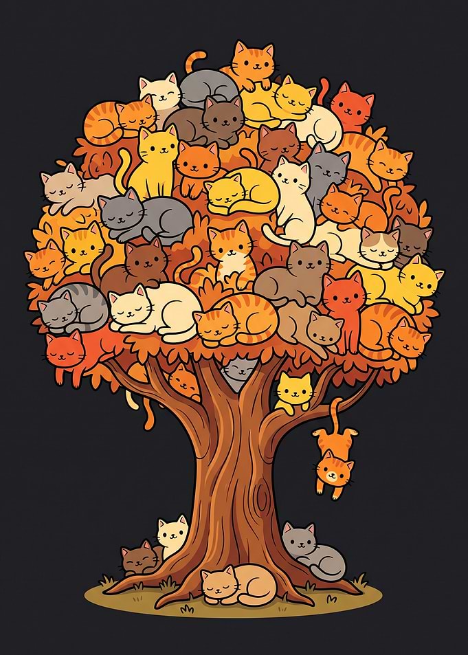Whimsical Tree Full of Cute Cats