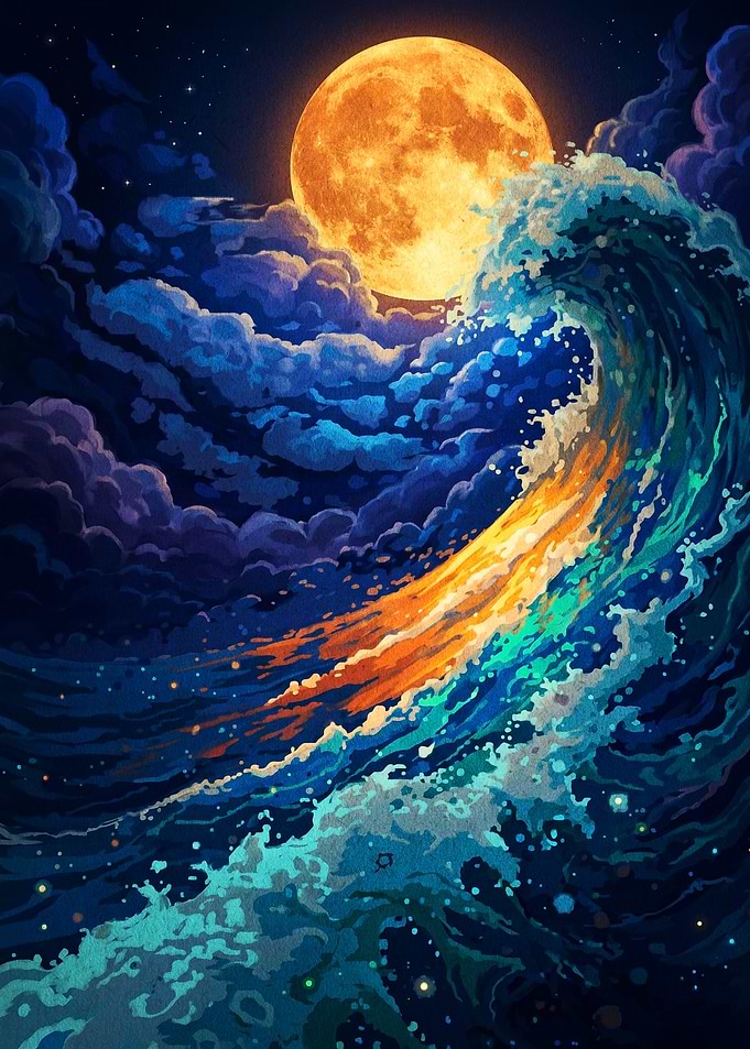 Ocean Wave Moon Night Art