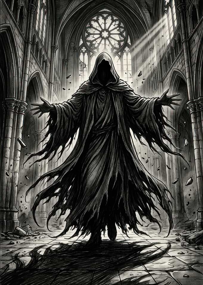 Dark Hooded Figure in Ruined Cathedral