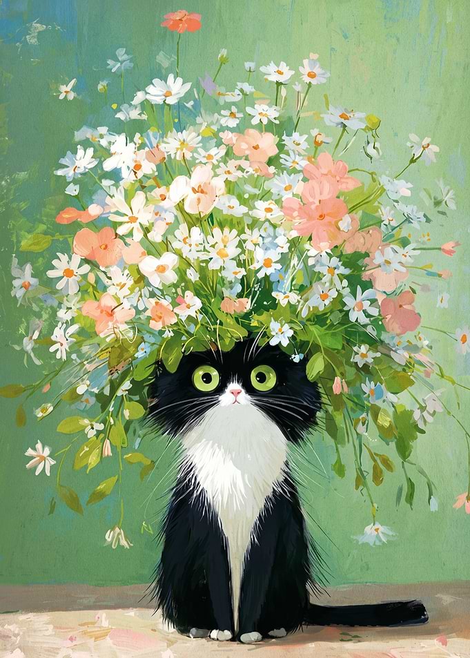 Black and White Cat with Flowers