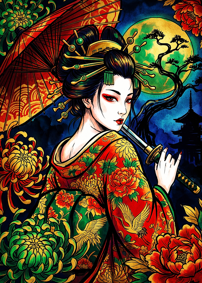 Geisha Warrior with Katana and Flowers