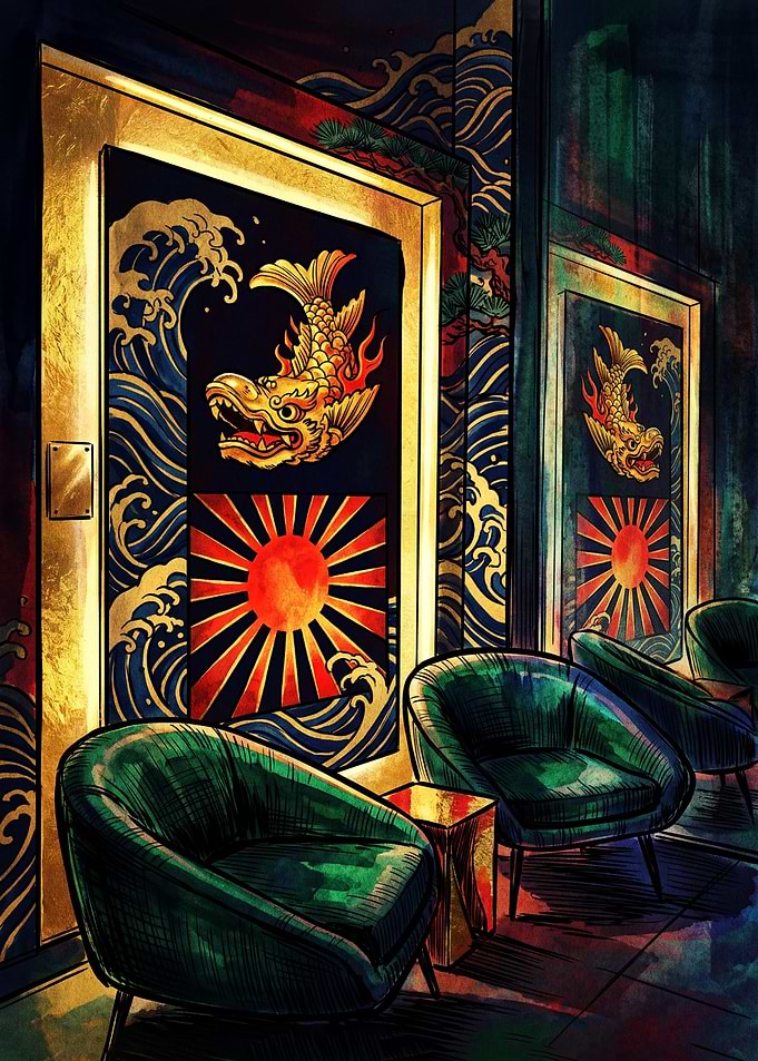 Japanese Inspired Lounge with Koi Art