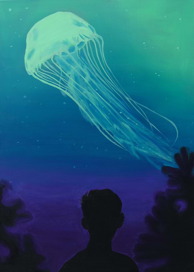 Person Observing Glowing Jellyfish Underwater