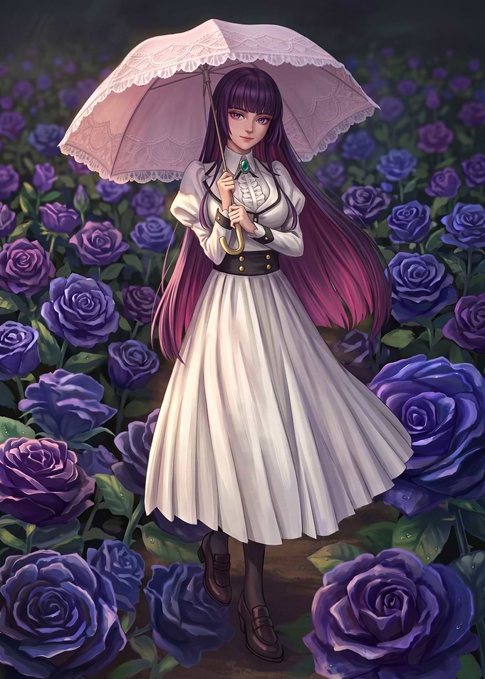 Anime Girl with Parasol in Roses
