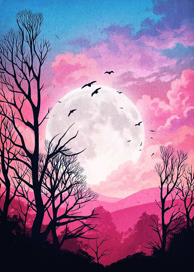 Pink Moon Forest Night Poster Art