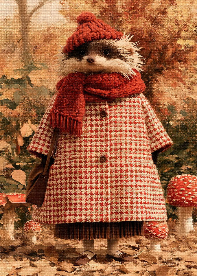 Dressed Hedgehog in Autumn Forest
