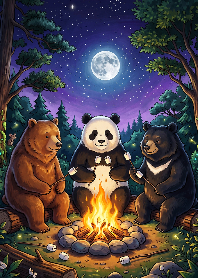 Bears Campfire Cute Night Art