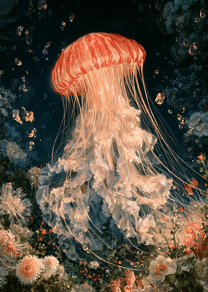 Glowing Jellyfish Among Underwater Flowers