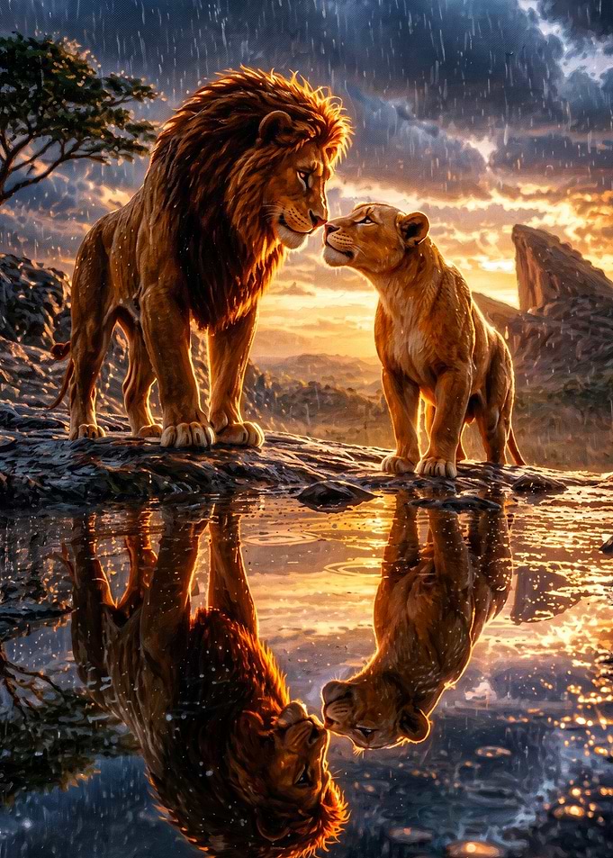 Lion Couple Sunset Water Reflection