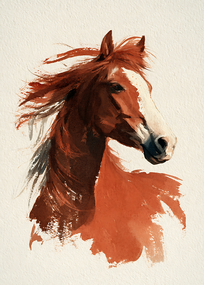 Watercolor Portrait of a Brown Horse