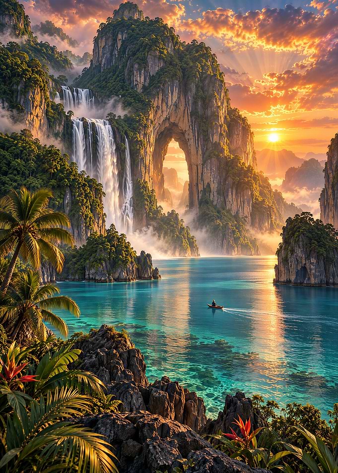 Tropical Waterfall Lagoon at Sunset