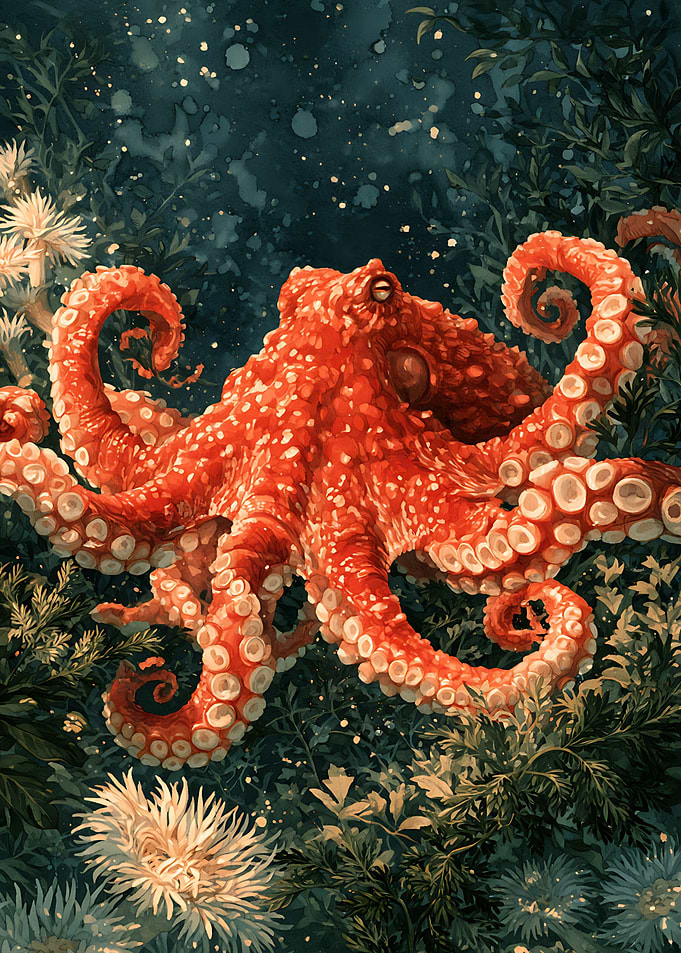 Vibrant Red Octopus in Deep Sea