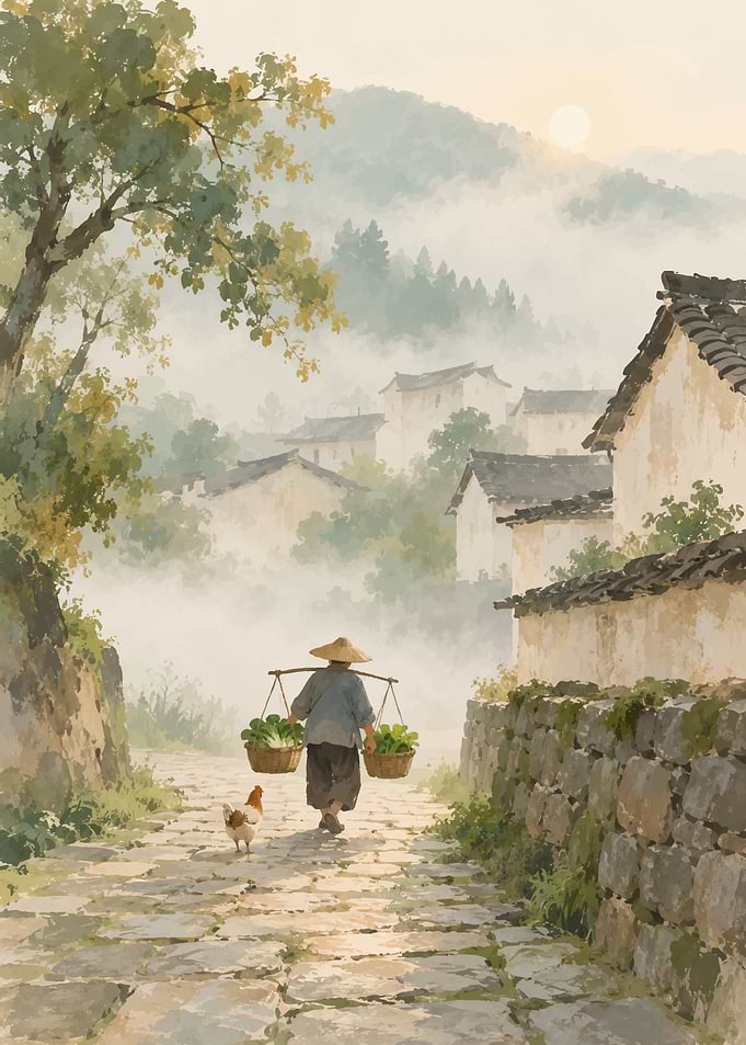 Farmer Walking Through Misty Village