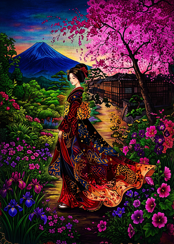Geisha in a Vibrant Japanese Garden