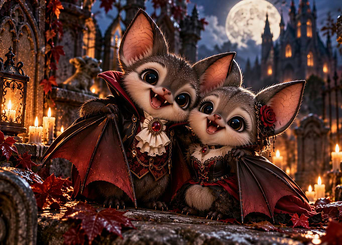 Cute Vampire Bat Couple in Moonlight
