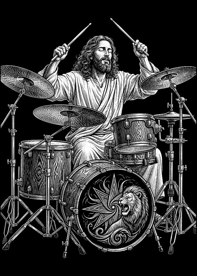 Jesus Playing Drums with Lion Emblem
