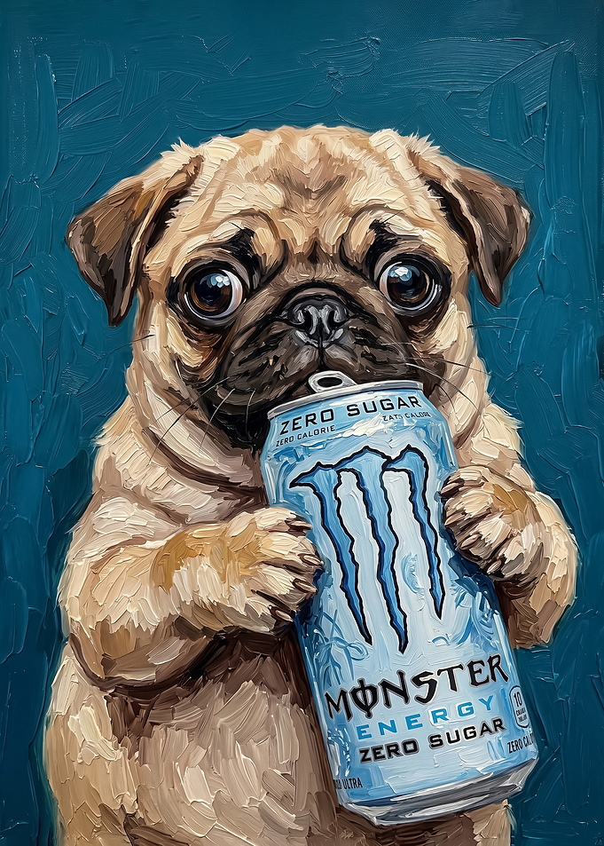 painting style cute pug dog Drinking Energy Drink poster