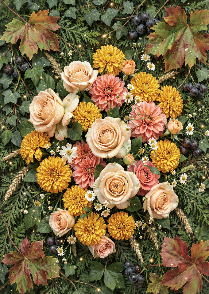 Marigolds and Roses in Autumn Greenery