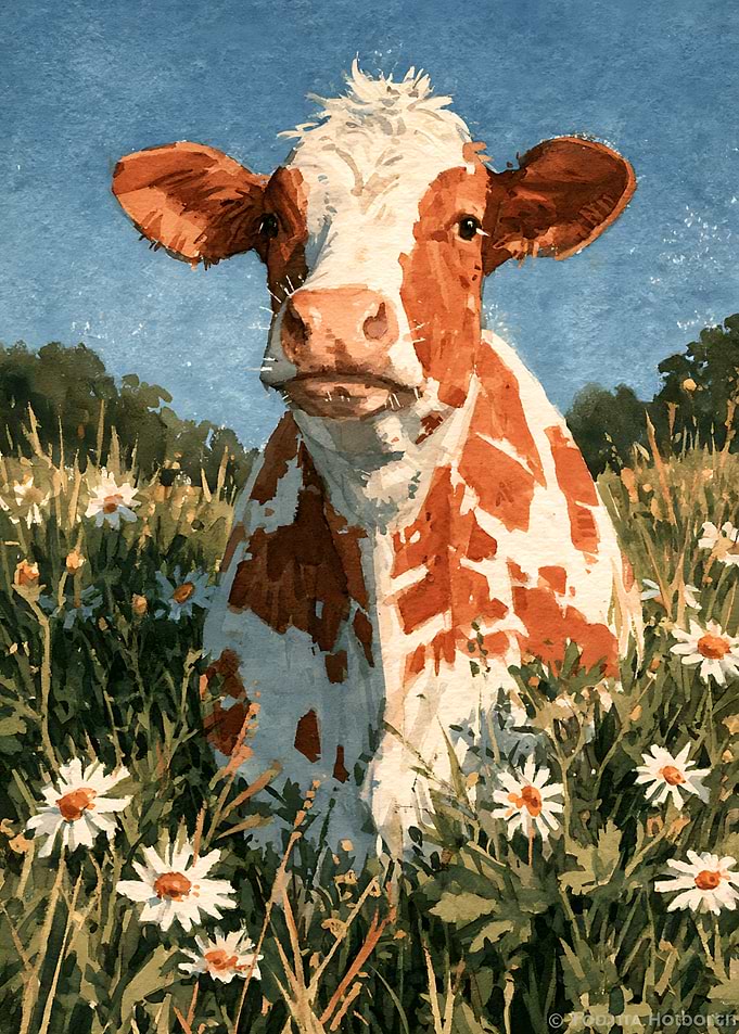 Painting of a Cow in Daisies