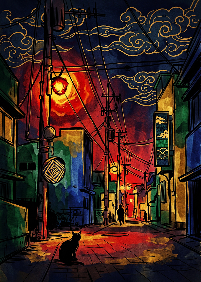 Mysterious Night Alleyway with Cat