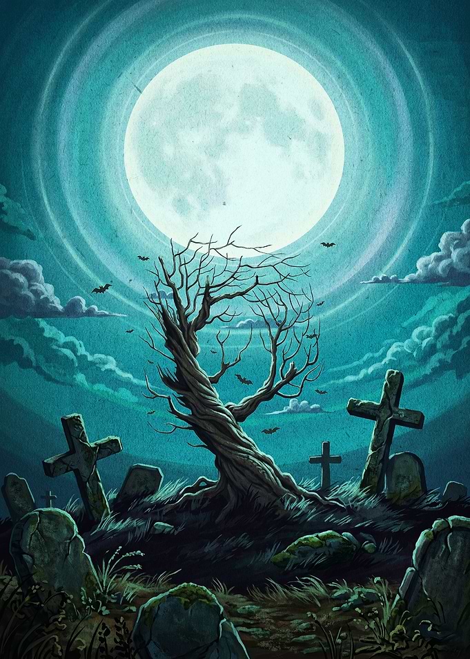 Spooky Graveyard Full Moon Art