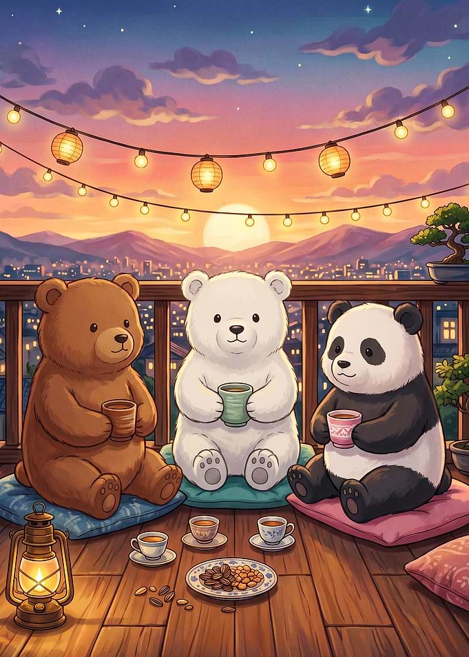 Cute Bears Tea Sunset Cozy Poster