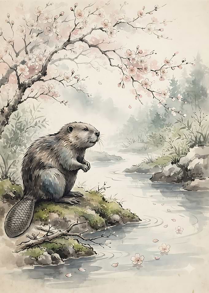 Beaver by a Cherry Blossom Stream