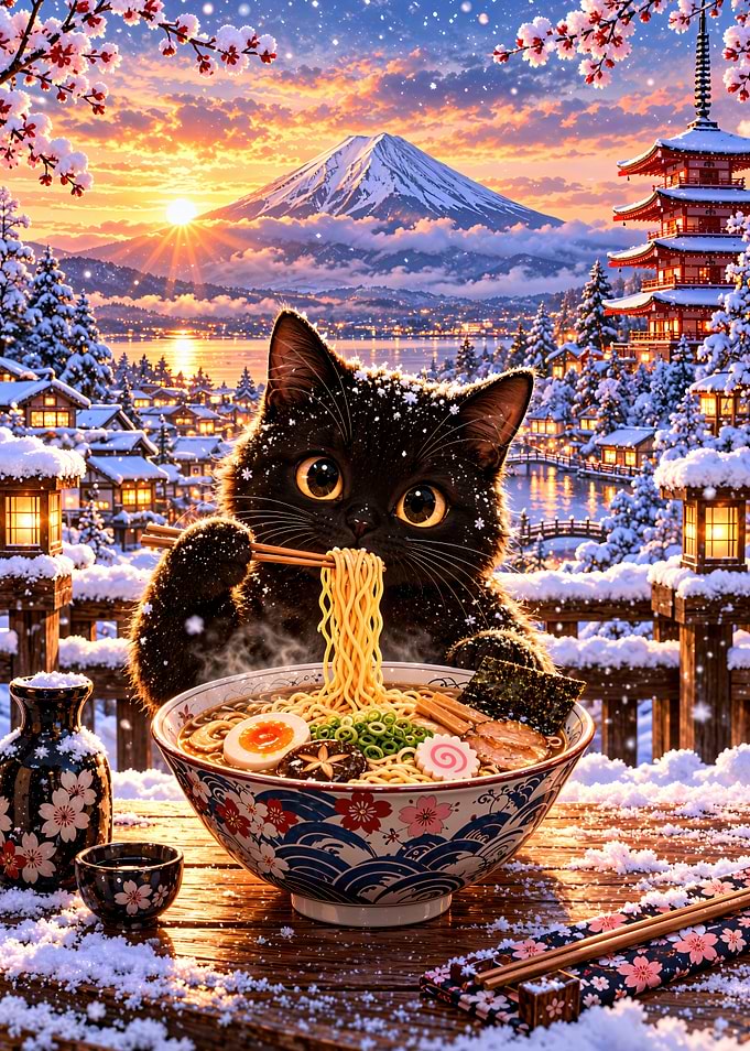 Black Cat Eating Ramen in Japan