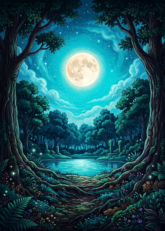 Magical Night Forest Moon Art