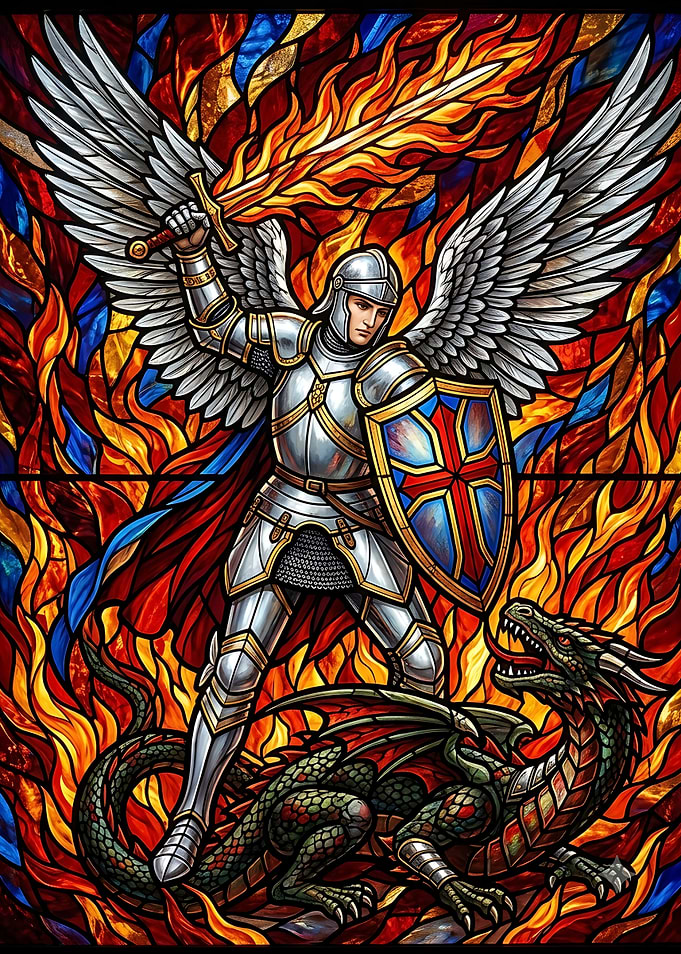 Stained Glass Archangel Michael Defeating Dragon