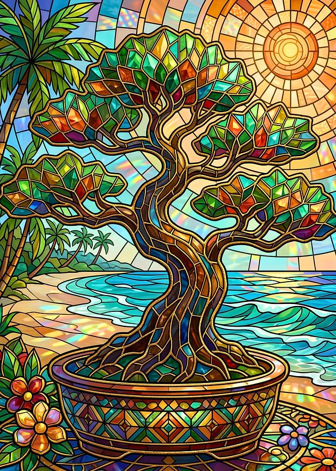 Stained Glass Bonsai Tropical Beach Scene