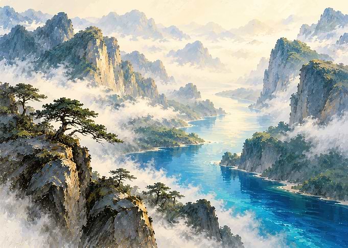 Misty Mountain River Landscape