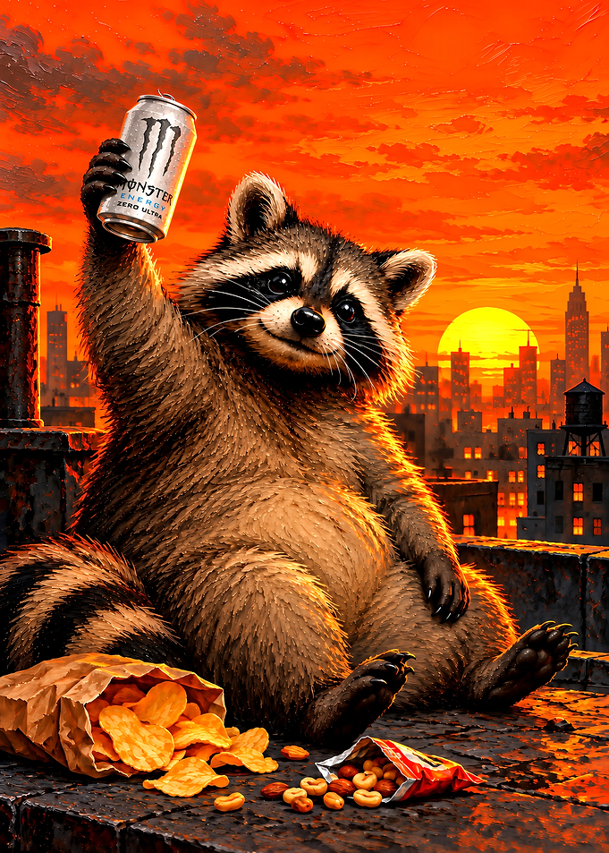 Raccoon Enjoying Snacks on Rooftop