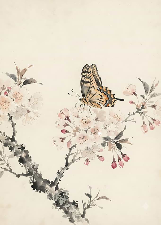 Butterfly on Cherry Blossom Branch